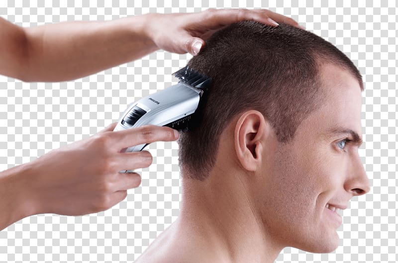 person trimming man's hair, Hair Cutting With Clipper transparent background PNG clipart