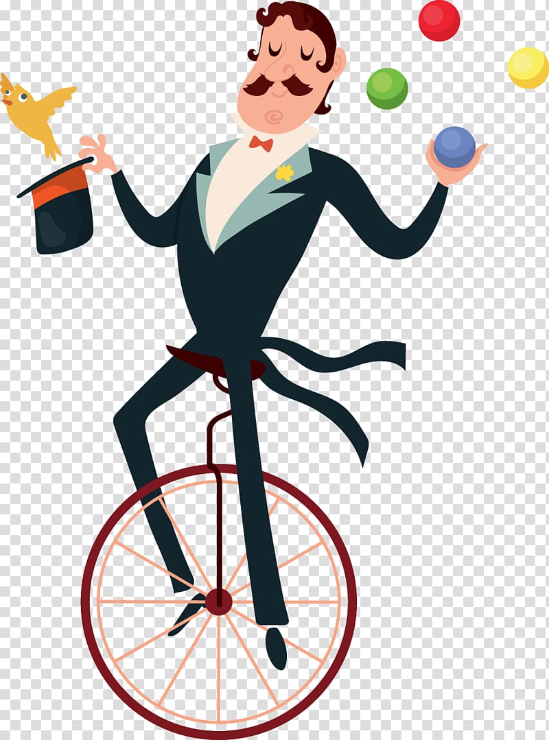 man riding unicycle while juggling illustration, Performance Circus Magic, painted unicycle juggling performing magic playing man transparent background PNG clipart