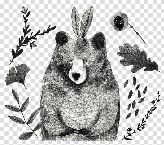 Bear Drawing Black and white, Hand-painted bear transparent background PNG clipart