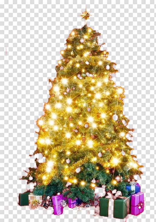 shiny golden christmas tree and gifts transparent background PNG clipart