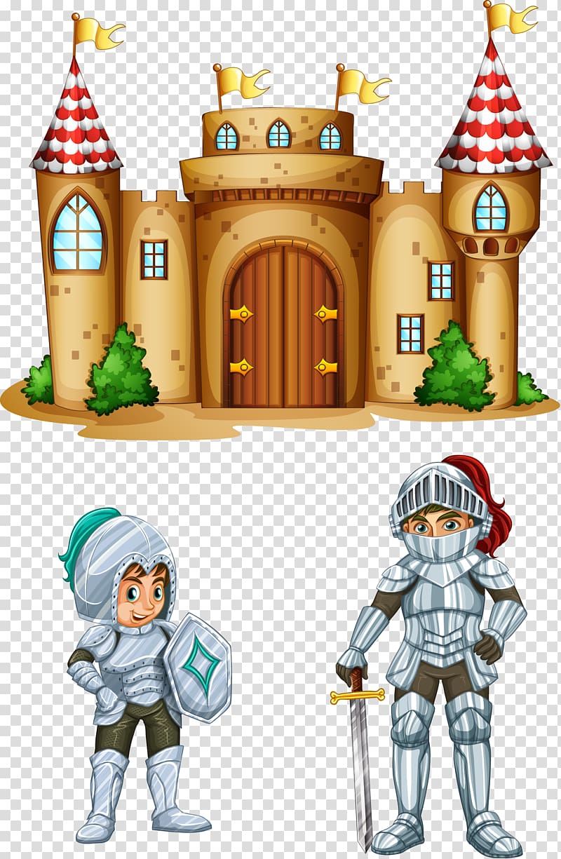 Castle Cartoon Illustration, hand painted castle and knight transparent background PNG clipart