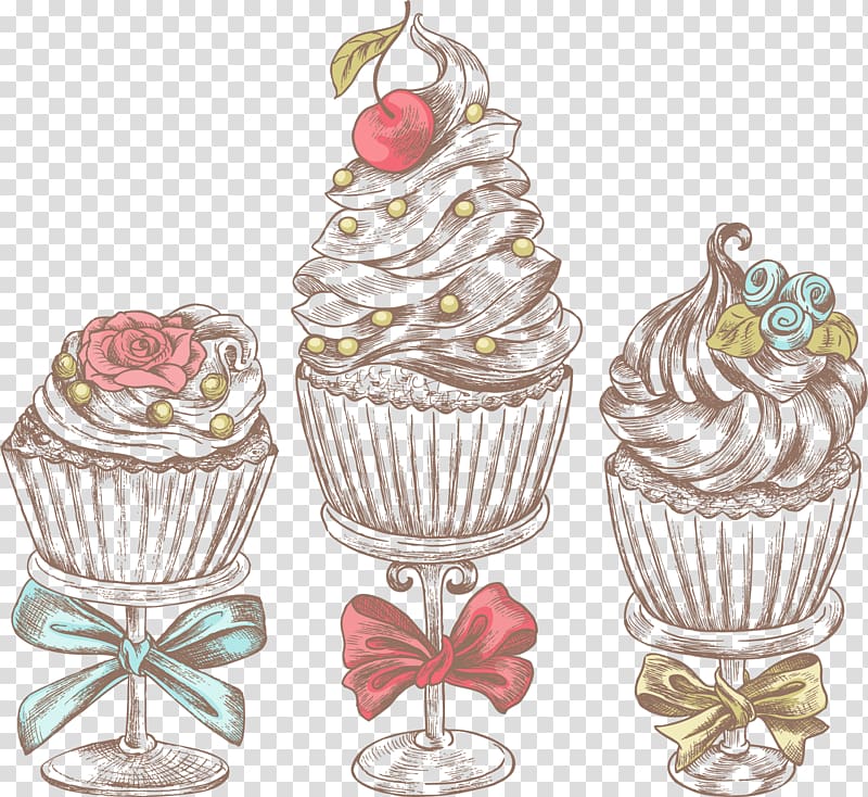three cupcakes illustration, Cupcake Bakery Muffin Birthday cake, painted retro ice cream transparent background PNG clipart