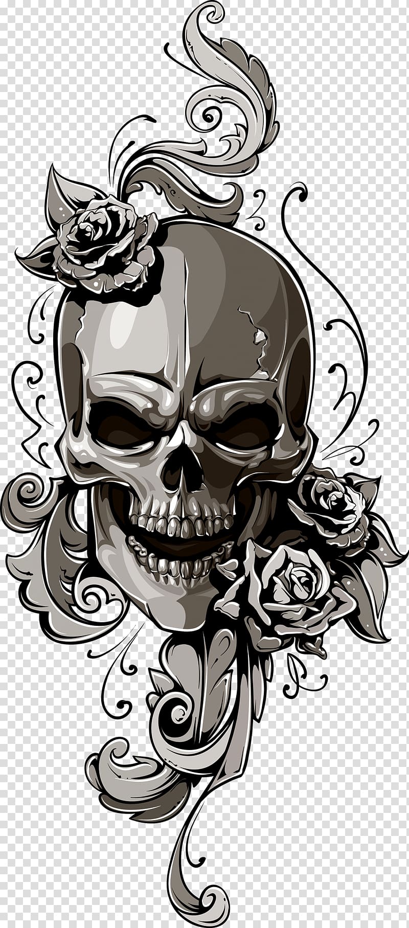 gray human skull with flowers illustration, Old school (tattoo) Human skull symbolism, Skull transparent background PNG clipart
