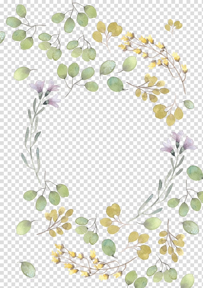Flower Leaf Watercolor painting, Fresh green leaves watercolor leaves, pink and yellow flower wreath template transparent background PNG clipart