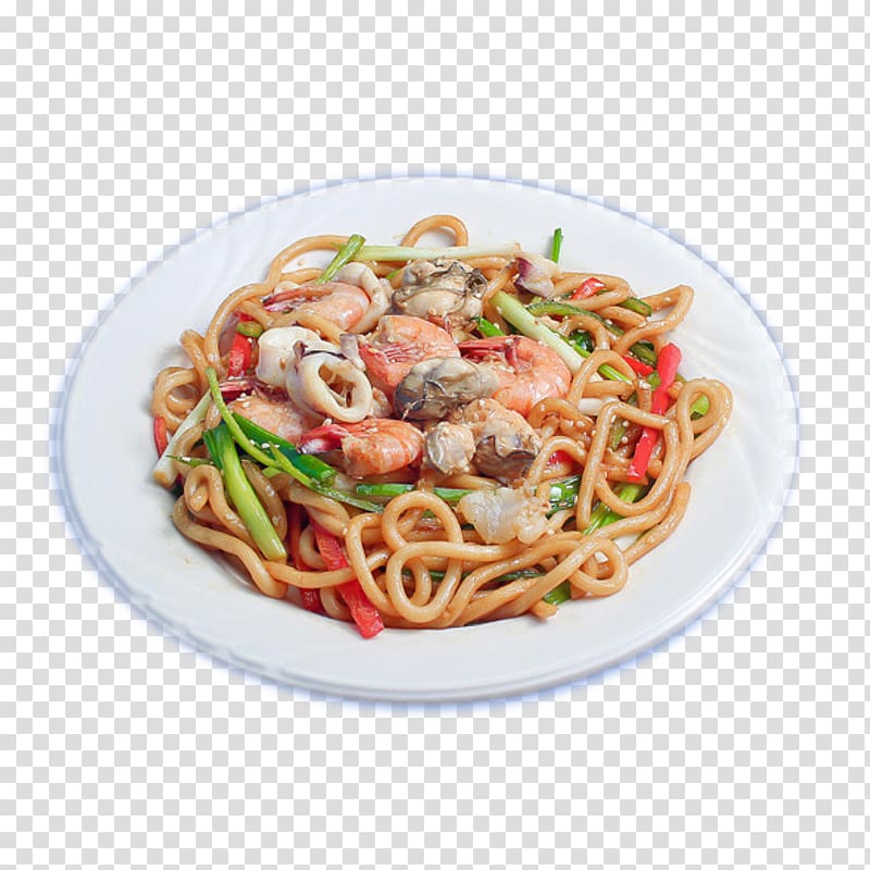 spaghetti with prawns on white ceramic plate, Chow mein Chinese noodles Lo mein Spaghetti alla puttanesca Fried noodles, Seafood Spaghetti transparent background PNG clipart