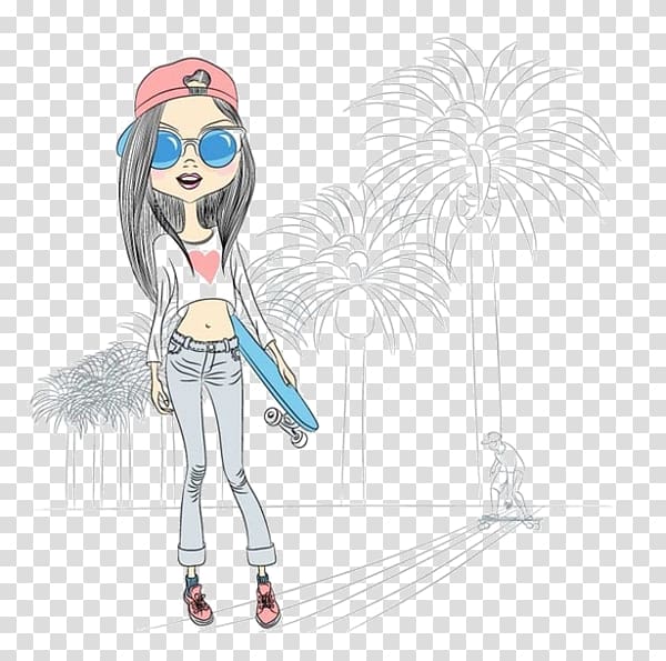 Girl , Coconut tree next to the skateboard girl transparent background PNG clipart