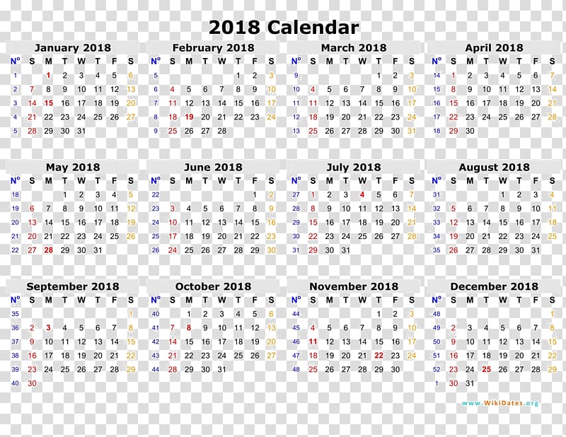 2018 calendar, Online calendar ISO week date Template Year, 2018 calendar transparent background PNG clipart