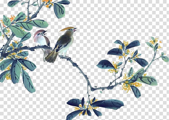 two brown birds illustration, Chinese painting Ink wash painting Gongbi Watercolor painting, Bird tree transparent background PNG clipart