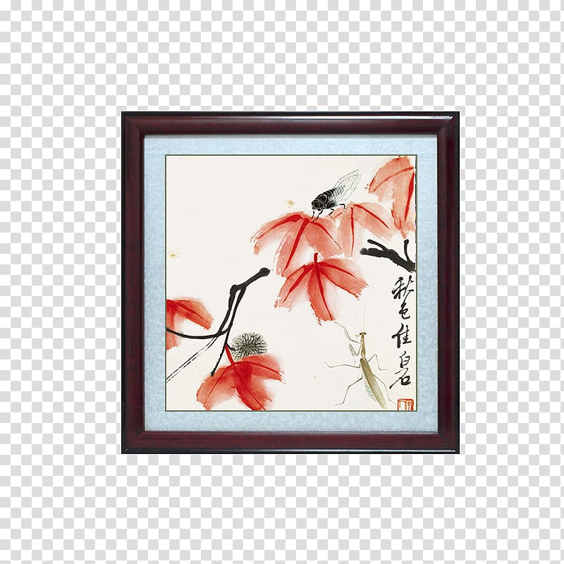 Likvidambra Taiwan and the cicada Bird-and-flower painting Ink wash painting, Home retro frame transparent background PNG clipart