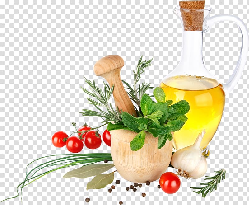 oil bottle beside mortar and pestle, Vegetable oil Olive oil Garlic, Herb butter transparent background PNG clipart