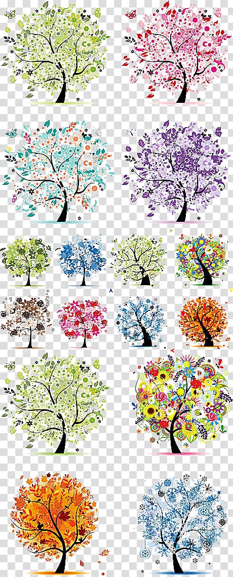 assorted-color tree lot illustration, The Four Seasons Tree Spring Winter, Variety of seasons abstract tree material transparent background PNG clipart