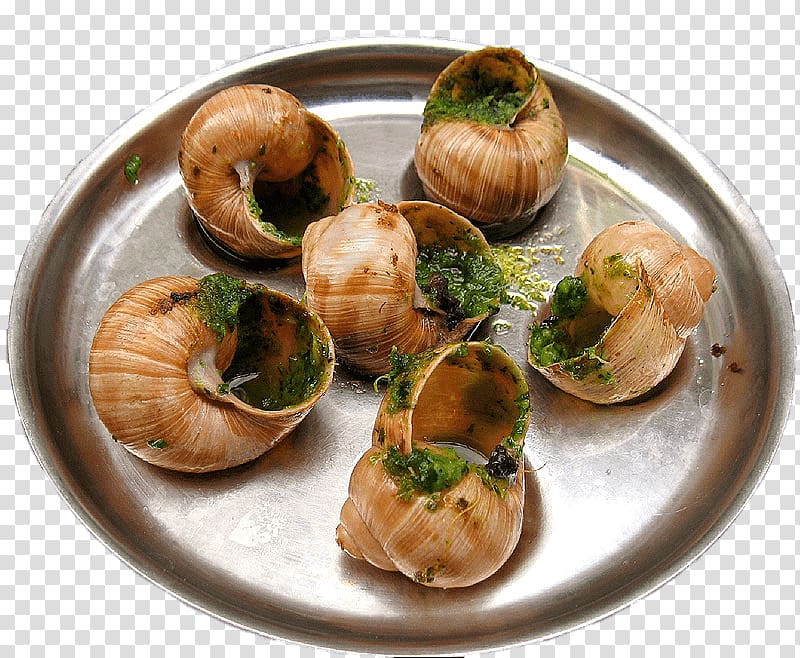 six cooked snails on round gray metal plate, Escargots In Garlic Butter transparent background PNG clipart