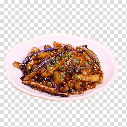 Chinese cuisine Braising Fried Eggplant with Chinese chili sauce Dish, Delicious eggplant and pork transparent background PNG clipart