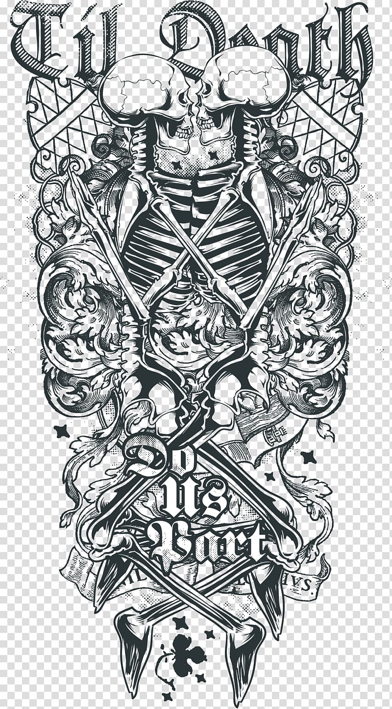 Premium Vector | Skull tattoo art with snake drawing sketch black and white