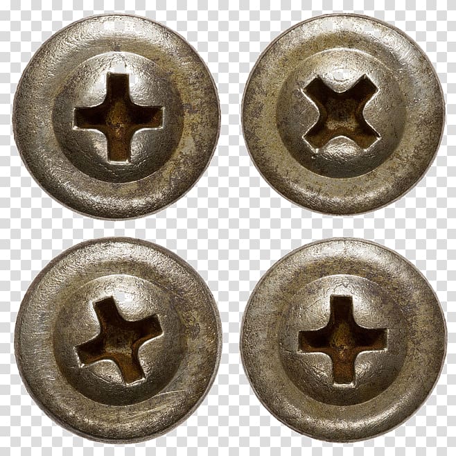 four brass bolt fasteners, Screw Bolt Nut Rivet, Button transparent background PNG clipart