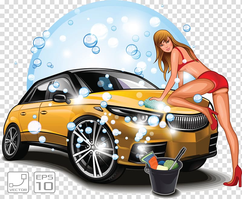 yellow car, Car wash Illustration, Beauty car wash transparent background PNG clipart