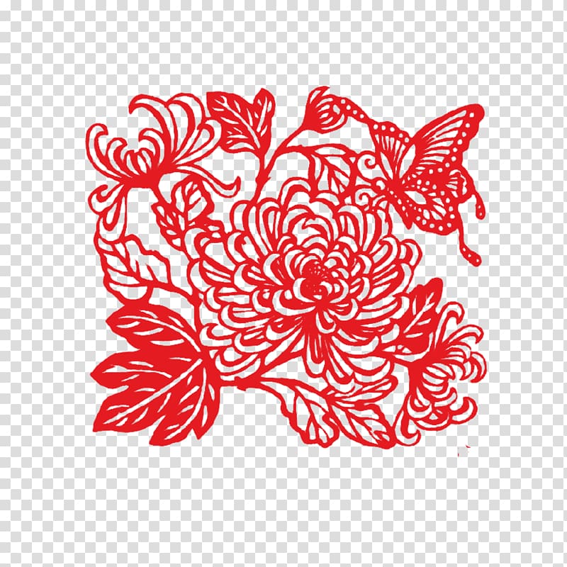 red butterfly on flower artwork, Papercutting Chinese paper cutting Double Ninth Festival Chrysanthemum, Chrysanthemum bloom transparent background PNG clipart