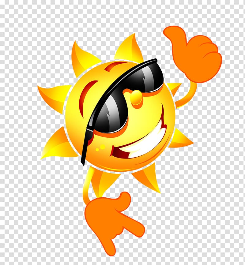 sun smiley emoji gesturing thumbs up illustration, Sunglasses Cartoon, Sun with sunglasses transparent background PNG clipart
