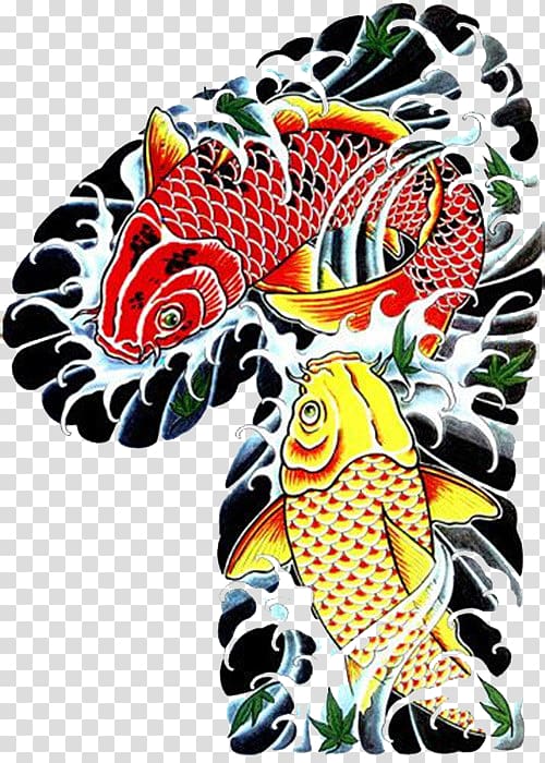 two yellow and red kois illustration, Koi Tattoo Flash Irezumi Body piercing, Pisces tattoo transparent background PNG clipart