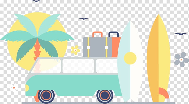 multicolored surfing board and bus illustration, Standup paddleboarding Surfing Summer vacation Beach, Self surfing summer vacation transparent background PNG clipart