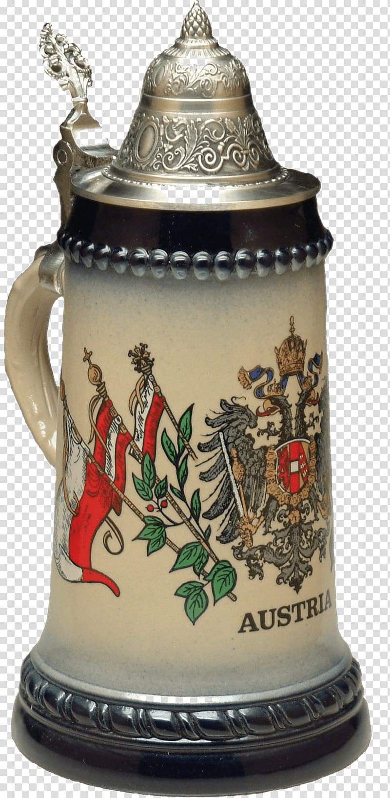 brown beer stein, Beer Mug Austrian Symbols transparent background PNG clipart