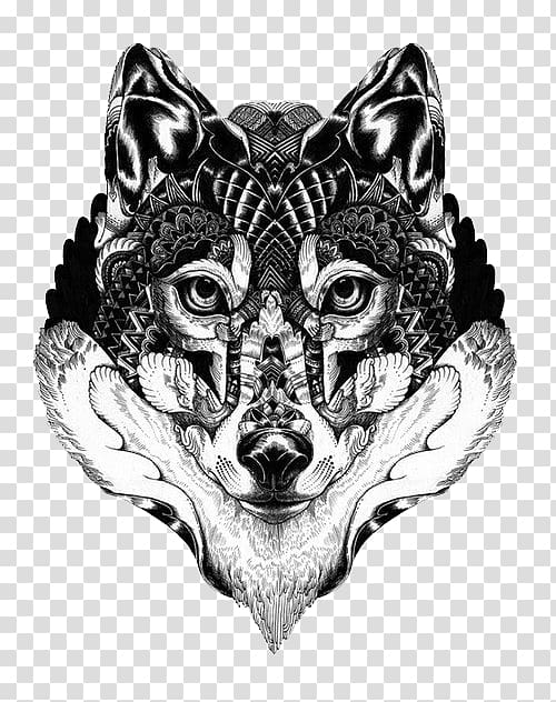 tribal wolf illustration, Gray wolf Art Drawing Illustration, Langtou Tattoo transparent background PNG clipart