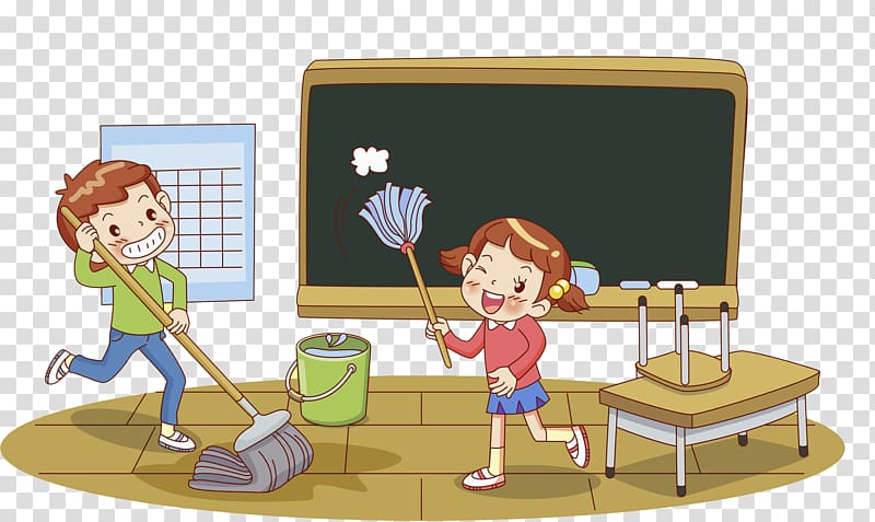 boy and girl cleaning classroom illustration, Classroom , A cleaning child transparent background PNG clipart