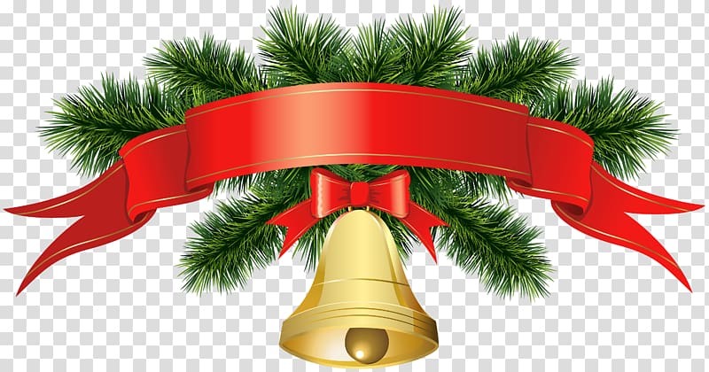 red ribbon clip, Christmas decoration Santa Claus , Christmas Golden Bell Banner transparent background PNG clipart
