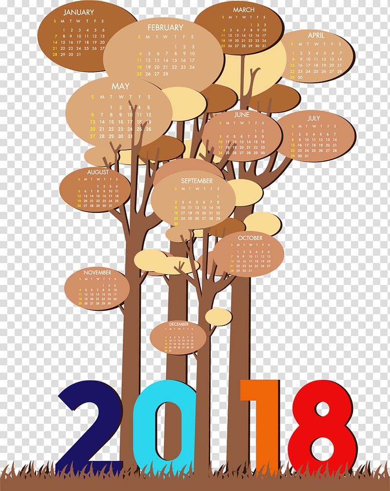 multicolored 2018 tree calendar , Calendar Euclidean Icon, Creative forest 2018 calendar template transparent background PNG clipart