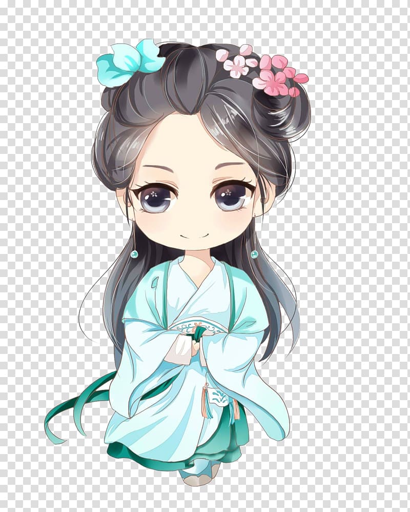 female character with black hair and teal dress illustration, ChibiChibi Drawing Anime Kavaii, Antiquity cartoon cute little girl with long hair transparent background PNG clipart