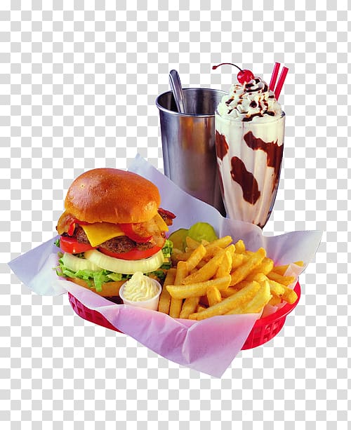 Milkshake Hamburger Cheeseburger French fries Cuisine of the United States, Diner transparent background PNG clipart