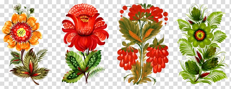 four assorted-color flowers illustration, Petrykivka painting Folk art Ornament, Ethnic Chinese vintage floral hand-painted transparent background PNG clipart