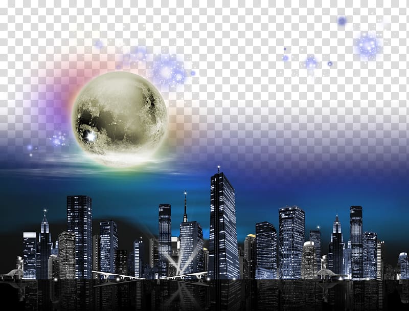 lighted cityscape with moon , Light Night sky, City night sky transparent background PNG clipart