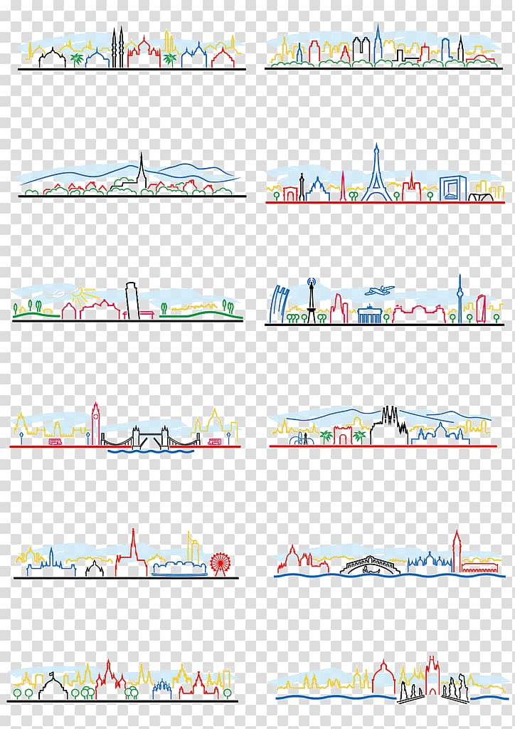 The Architecture of the City Silhouette, States painted landmarks transparent background PNG clipart