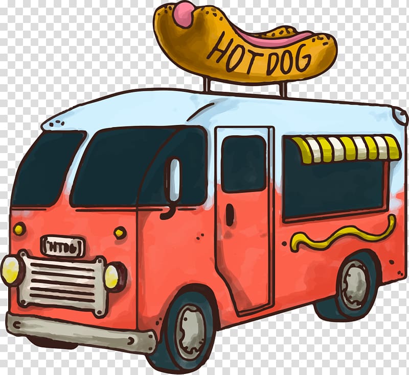 white and red hot dog food truck , Hot dog Fast food Hamburger Car Food truck, bus above a hot dog transparent background PNG clipart