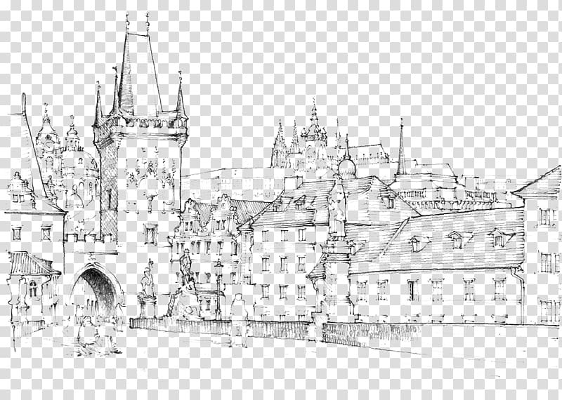 castle illustration, Charles Bridge Malxe1 Strana Drawing Sketch, Hand-painted medieval castle transparent background PNG clipart