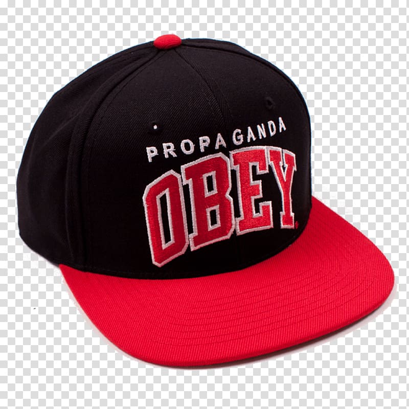 black and red fitted cap with embroidered Propaganda Obey logo, Obey Cap transparent background PNG clipart