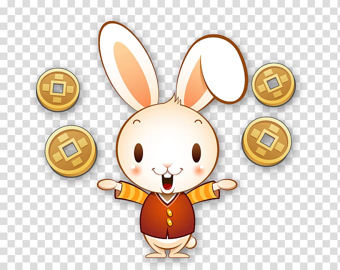 Rabbit Cartoon Illustration, Cute bunny throwing coins transparent background PNG clipart
