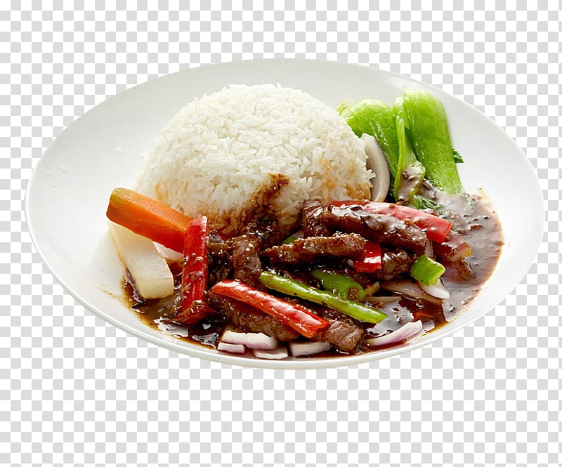 Mongolian beef Nasi campur Cooked rice Thai cuisine, Black pepper beef rice transparent background PNG clipart