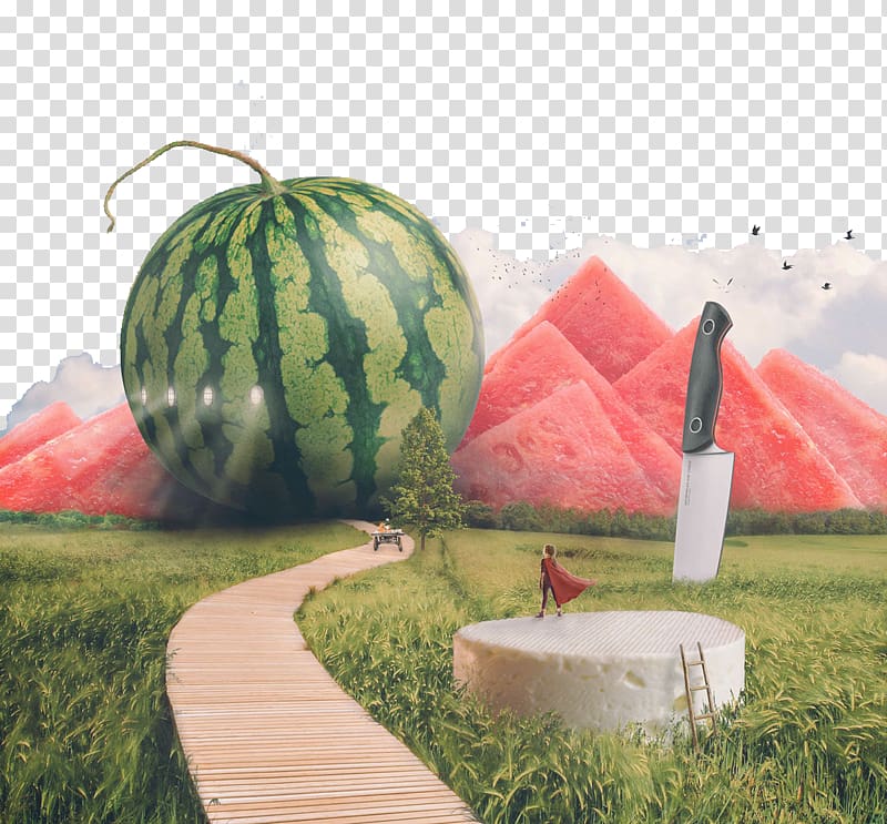 superhero standing on cake near watermelon mountain painting, Watermelon Food Designer Advertising, Creative watermelon pattern transparent background PNG clipart
