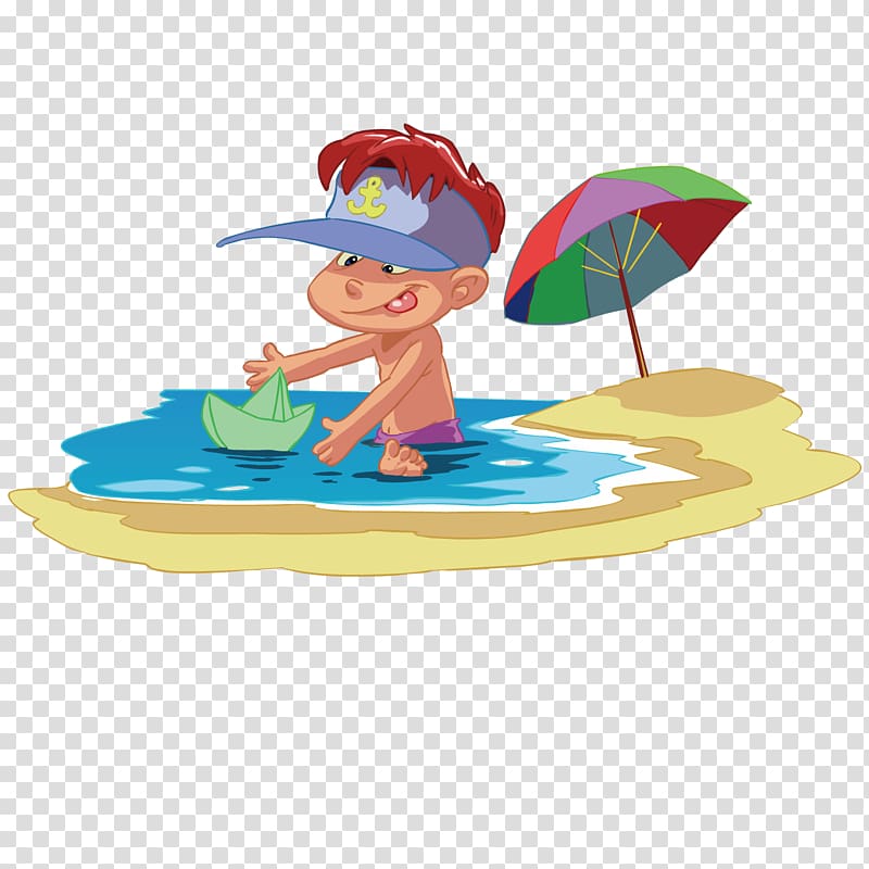 Beach Child Cartoon, The boy at the beach transparent background PNG clipart