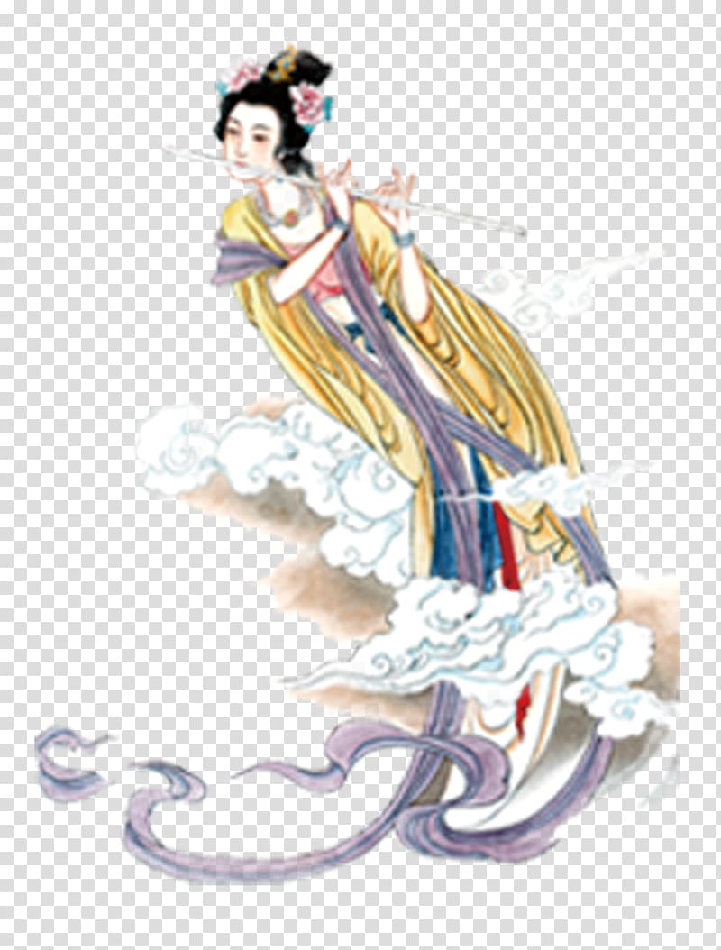 Ink wash painting Chinese painting Gongbi, The Goddess Chang\'s fly to the moon transparent background PNG clipart