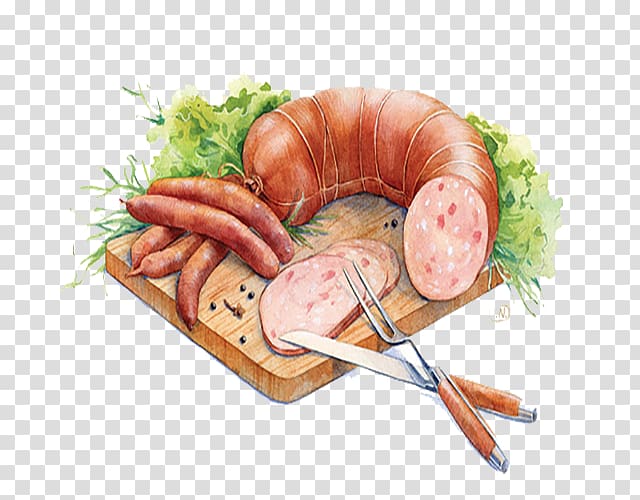 Thuringian sausage Bratwurst Ham German cuisine, Cartoon ham food transparent background PNG clipart