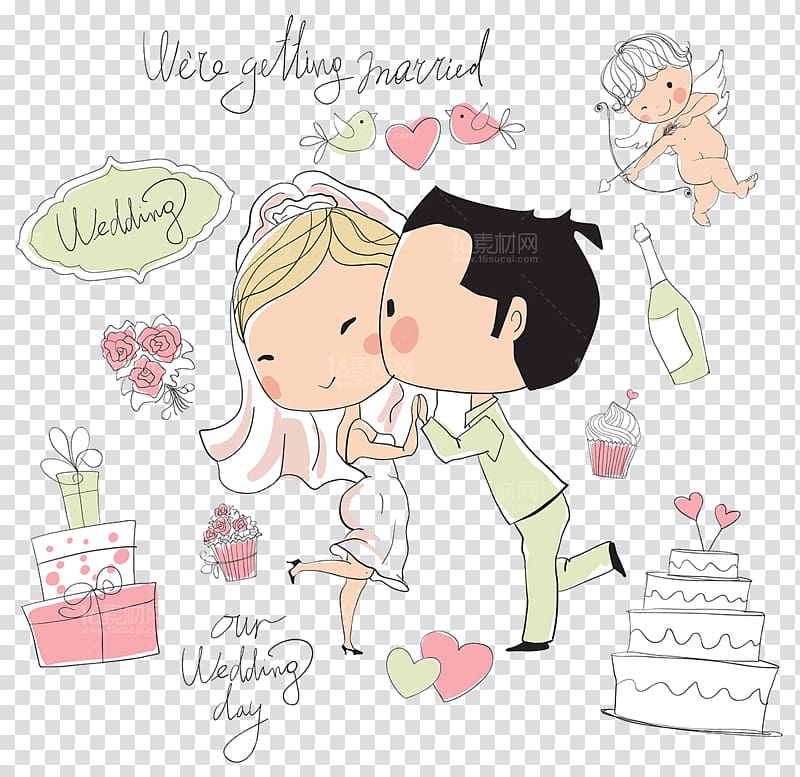 boy and girl illustration, Wedding invitation Illustration, Cute cartoon character design wedding transparent background PNG clipart
