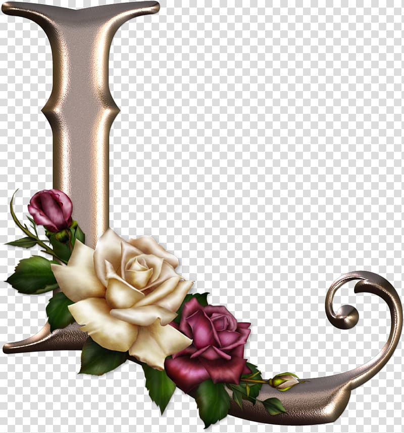 gold L with white and pink roses illustration, Blackletter Fancy Alphabets, others transparent background PNG clipart