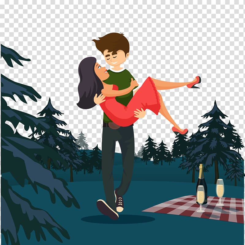 man carrying woman near trees, Romance Animation couple, Romantic couples transparent background PNG clipart