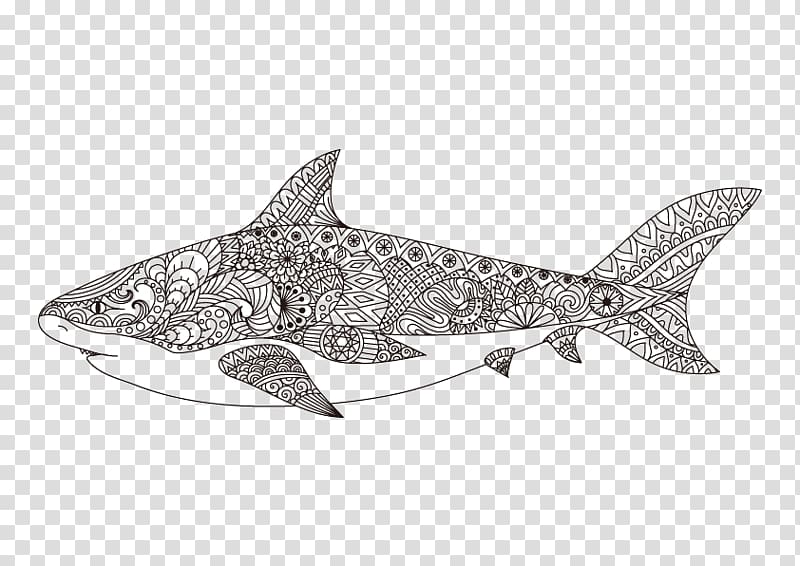 gray fish, Shark Coloring book Drawing Line art Mandala, Shark linear Painting transparent background PNG clipart