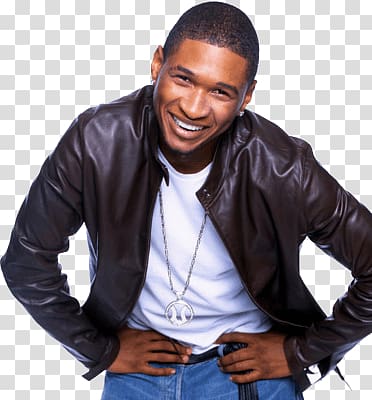 man wearing used brown leather jacket, Usher Smiling transparent background PNG clipart