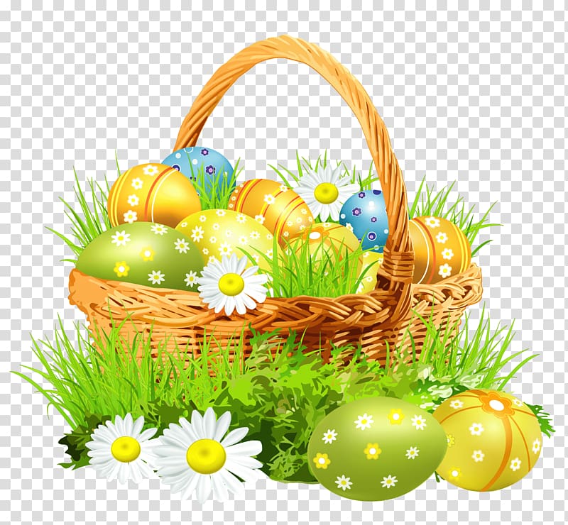 basket of Easter eggs illustration, Easter Basket Flowers transparent background PNG clipart