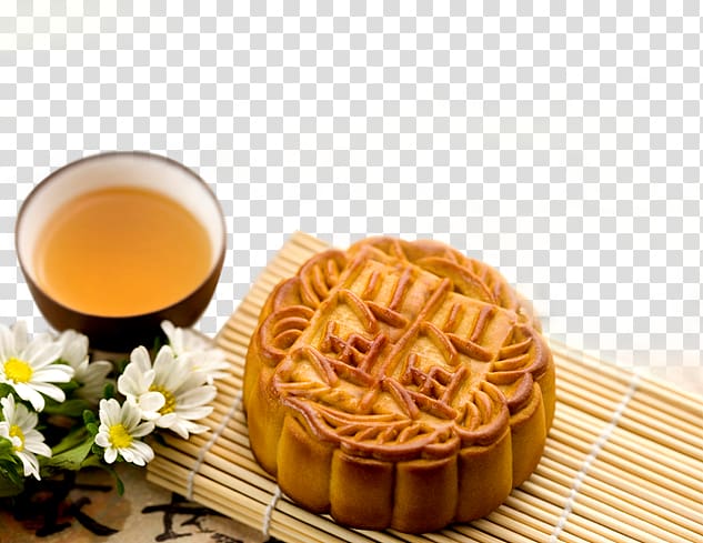 baked tart placed on beige bamboo platter, Mooncake Chinese cuisine Mid-Autumn Festival, moon cake transparent background PNG clipart
